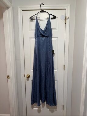 Lulu's Dusty Blue Satin Cowl Neck Maxi Dress